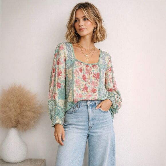 Fate Tops - Fate Boho Pastel Patchwork Floral Blouse